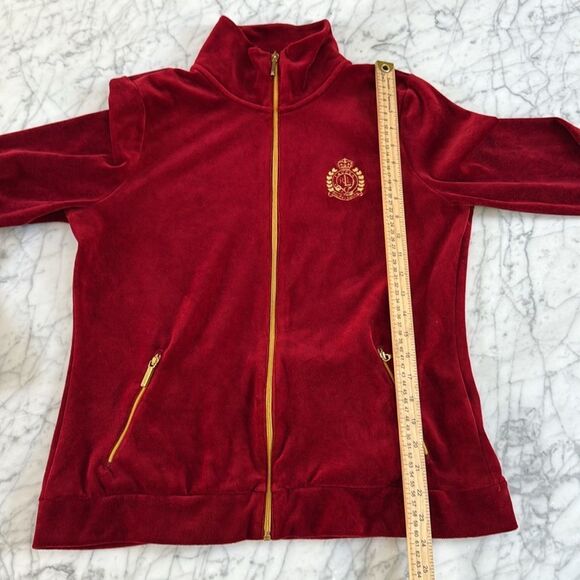 Lauren Ralph Lauren Velour Crest Track Jacket Size Large Full Zip Deep Red Gold - Picture 4 of 7